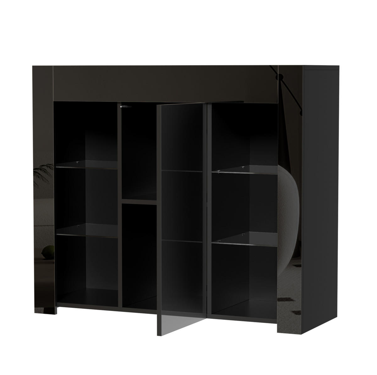 SIDEBOARD, 95/35/83 cm, černý, z dřevotřísky, s vysokým leskem a skleněnými policemi - černá, kompozitní dřevo (95/83/35cm) - BEAOK