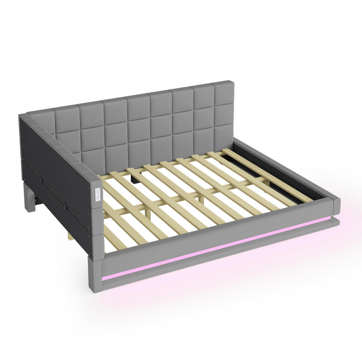 SCHLAFSOFA 160/200 cm mit LED-Beleuchtung, USB-Anschluss, Lattenrost und Leinenbezug, Grau - Grau, Textil (206/63/167cm) - Redom