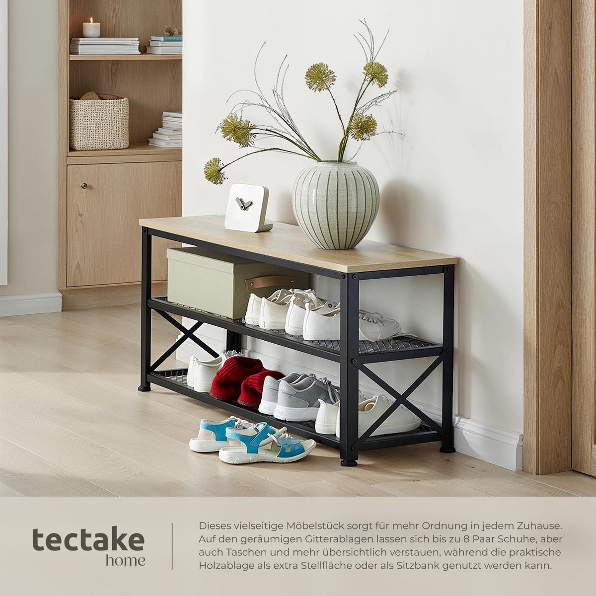 SCHUHREGAL Blackpool,101 x 30,5 x 45,5 cm,Industrial Holz hell, Eiche Sonoma - Naturfarben, Holz (30.5/45.5/101cm) - tectake