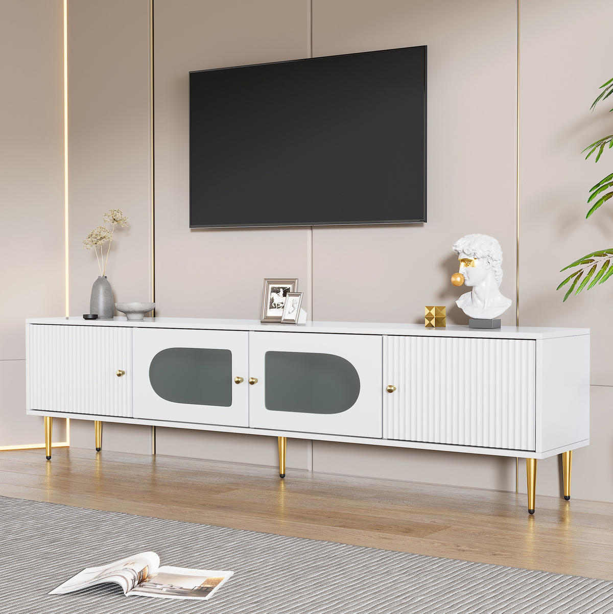 TV ormarić 170/35/50 cm od iverice s otvorima za kabele i tihim šarkama, Bijela - bijela, drvni materijal (140/38/38cm) - Redom