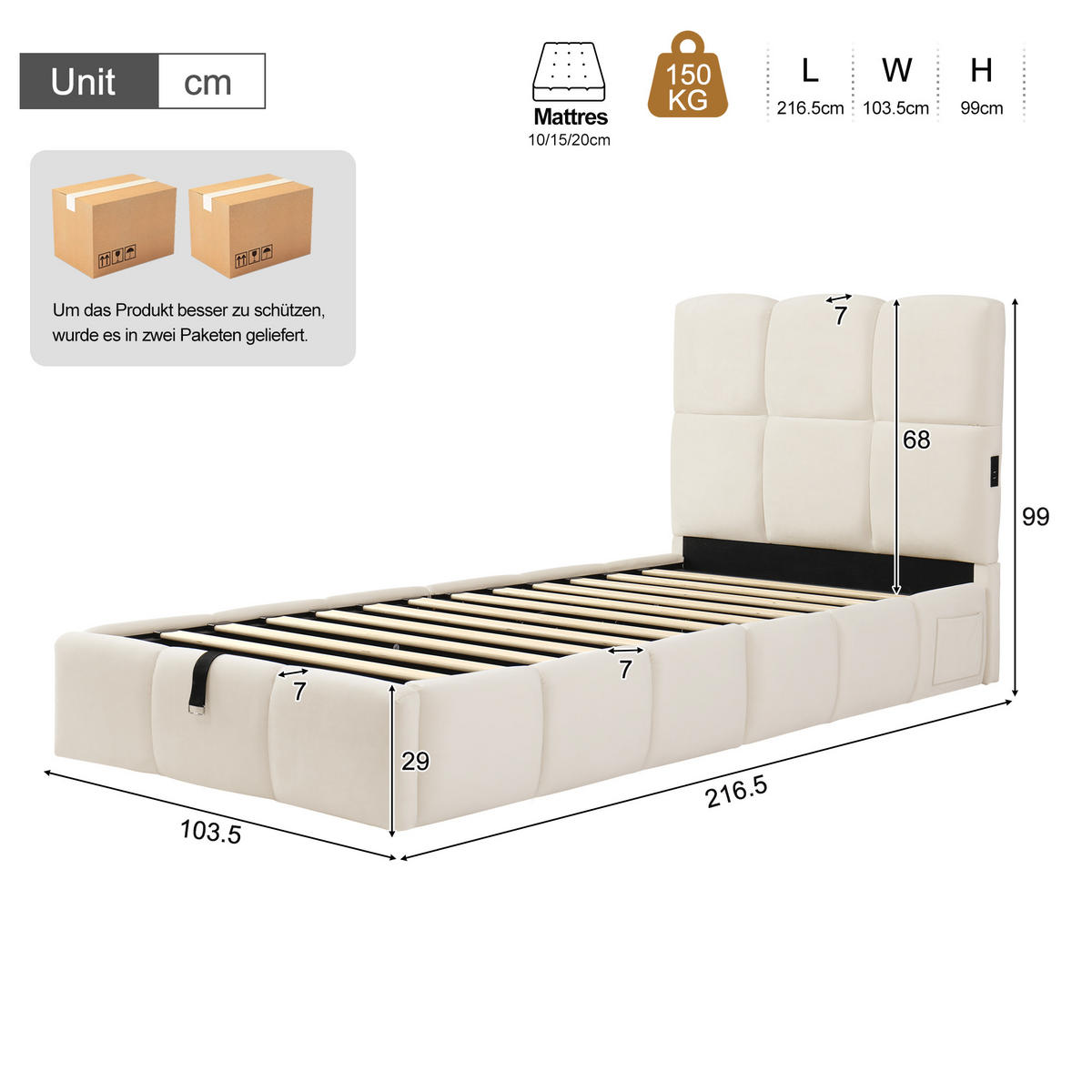 KINDERBETT 90/200 cm in Beige Samt mit Stauraum und USB - Beige, Holzwerkstoff/Textil (90/200cm) - WISHDOR