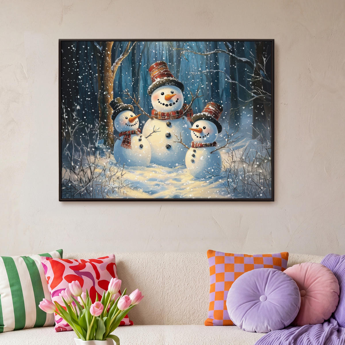 LEINWAND Bilder mit Rahmen - Schneemann - Schnee - Winter - Wald - 100x70 - Hellblau, Textil (100/70cm) - MuchoWow