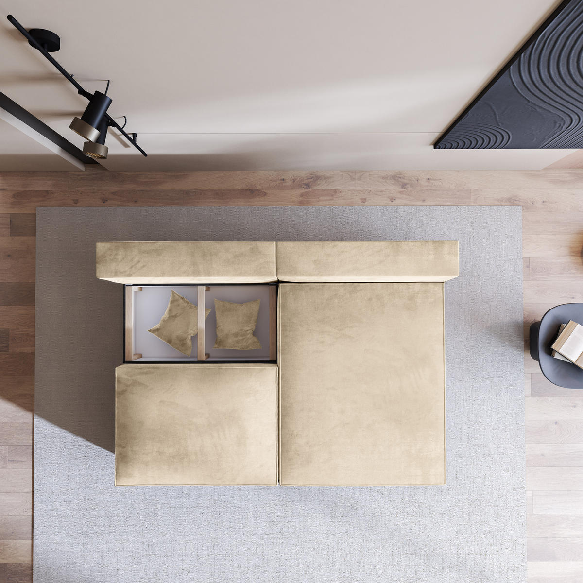 ECKSOFA FIORO M Creme Velours-Stoff mit Schlaffunktion - Creme/Grau, Holz/Kunststoff (204/148cm) - MASSENO