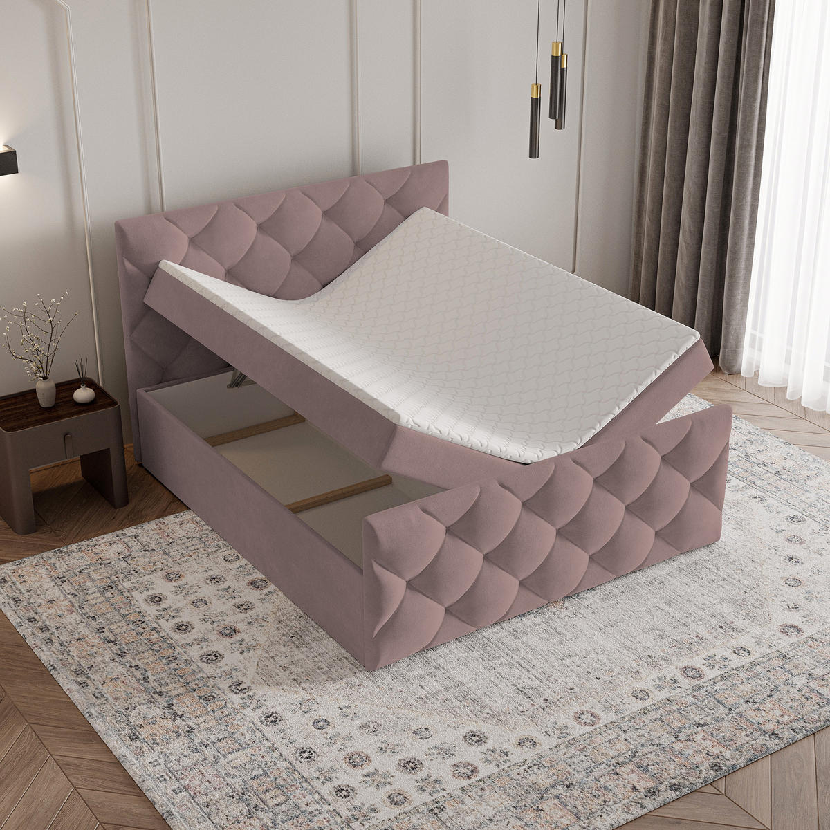 BOXBETT ROVARI 160x200 cm mit Matratze und Topper - Rosa - Rosa, Holz (160/200cm) - MASSENO