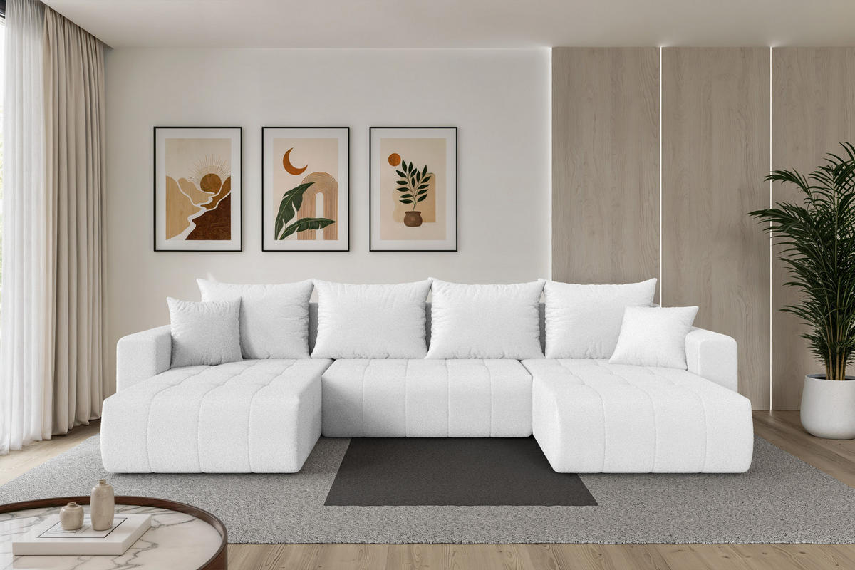 SEDACÍ SOUPRAVA DO U s funkcí spaní a úložným prostorem MILA-U 378x194x86 bílá bouclé - bílá/černá, kompozitní dřevo/textil (378/86/194cm) - ALTDECOR