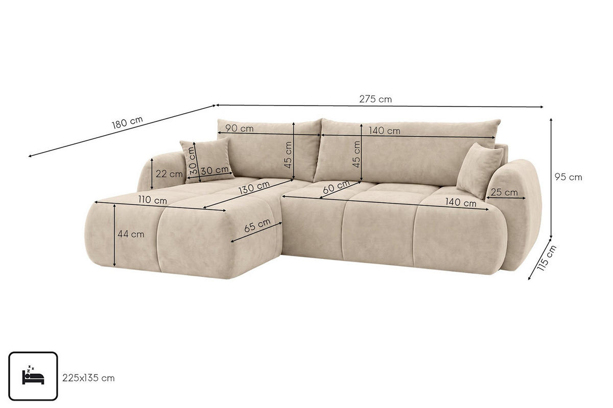 ROHOVÁ SEDAČKA s rozkládací funkcí a úložným prostorem, sametová látka Bluvel, Krémová, Levá, COCO - krémová, dřevo (275/180cm) - Kaiser Möbel