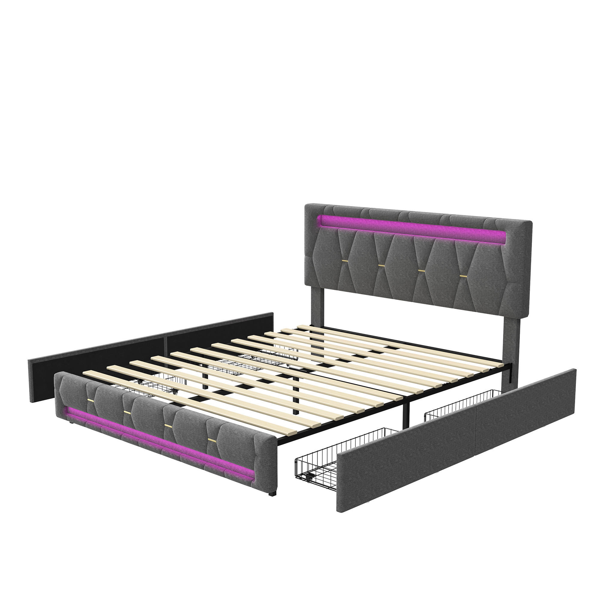 POLSTERBETT 160x200 cm, Grau, mit 4 Schubladen, LED-Beleuchtung - Grau, Textil/Metall (160/200cm)