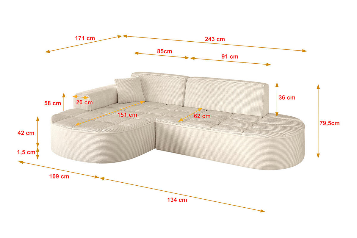 ECKSOFA Ottomane Links TARO-L1 - 243x171x79,5 cm Beige - Beige, Holzwerkstoff/Textil (243/171cm) - ALTDECOR
