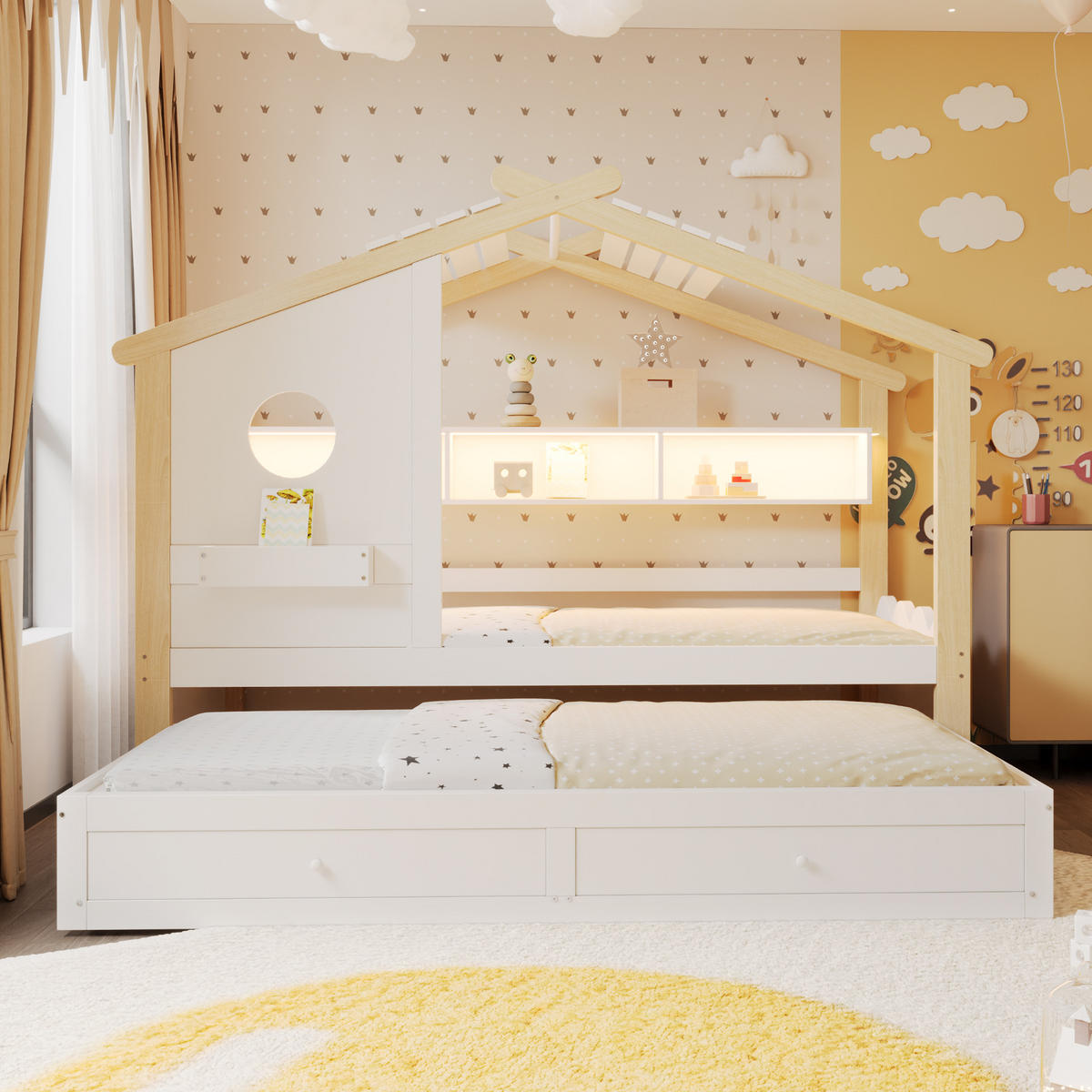 KINDERBETT 90x200 cm Rollbett LED weiß - Weiß, Holz (90/200cm) - LEBENLANG