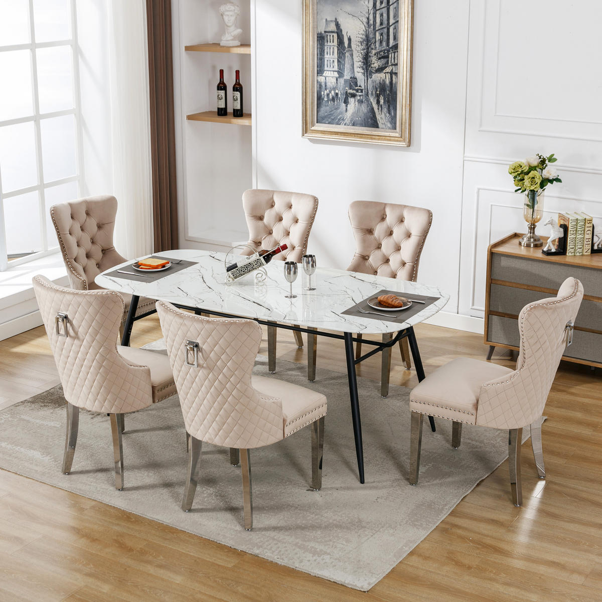 WOHNZIMMER STÜHLE mit Nagelkopfbesatz, Samtbezug und Metallbeinen Beige - Beige, Textil (53/94.5/62.5cm) - EVRYAE