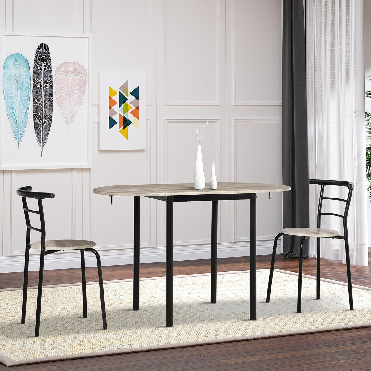 AUSZIEHBARER ovaler Tisch und 2 Stühle – Klapptisch – Metall und MDF – schwarz und natur - Eichefarben, Kunststoff (120/75/60cm)