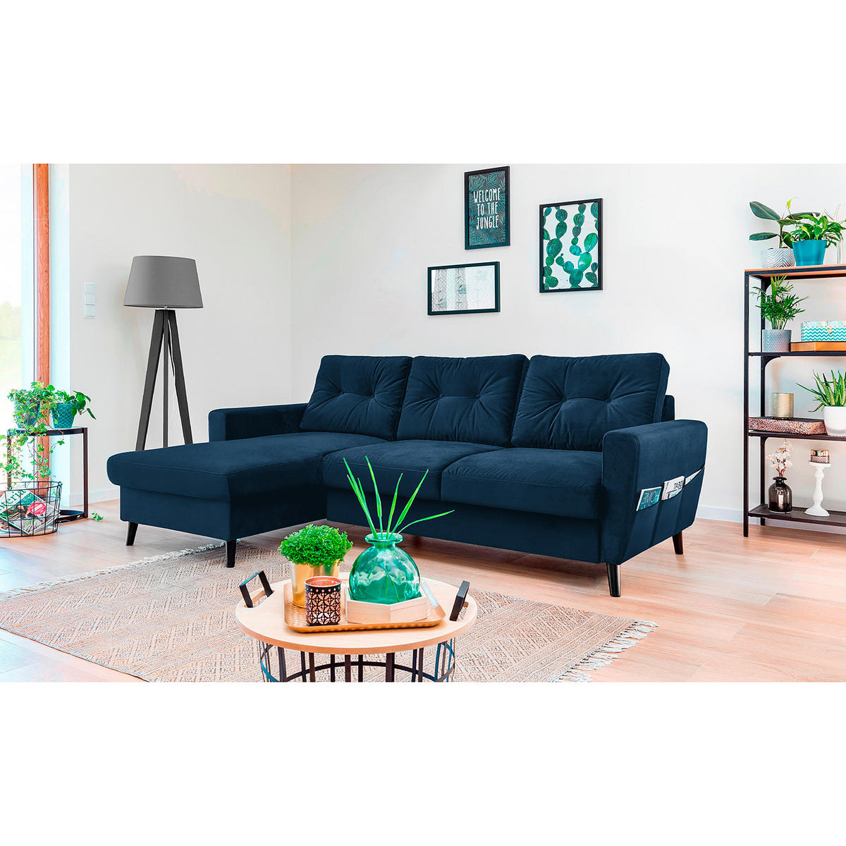 ECKSOFA mit Longchair - Schwarz/Dunkelblau, Buchenholz/Textil (233/148cm) - home24