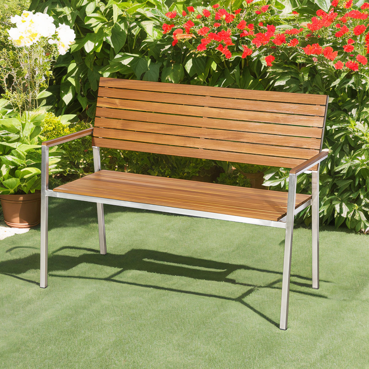 GARTENBANK - Teak massiv / Edelstahl - Silberfarben/Braun, Holz/Metall (114/86/55cm) - home24