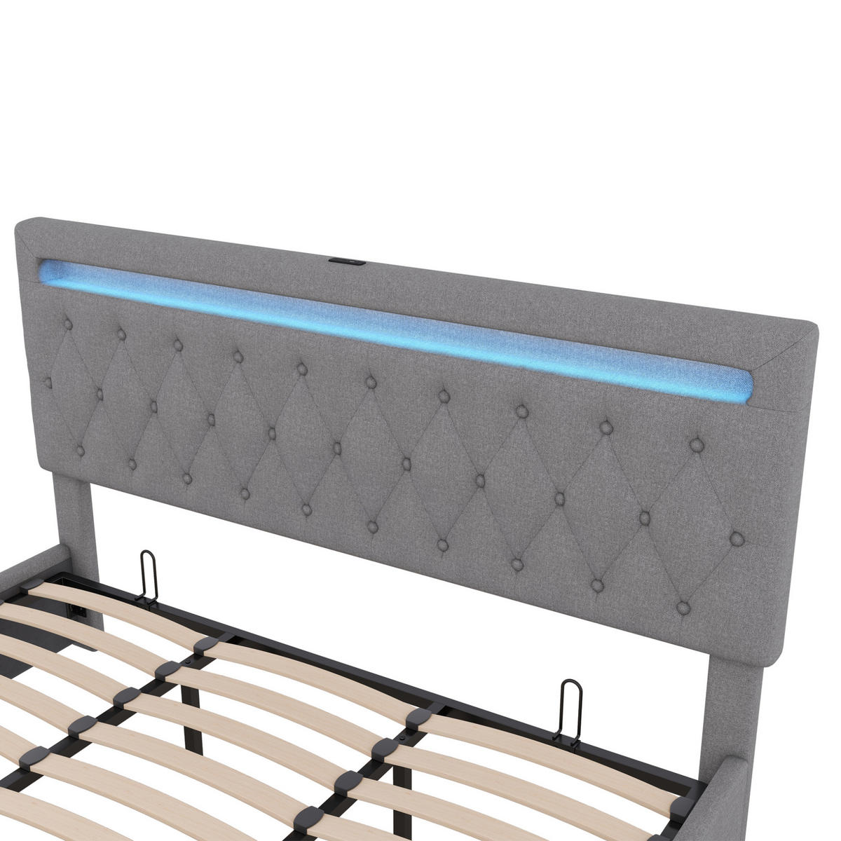 ČALOUNĚNÁ postel 180/200 cm šedá z lnu s úložným prostorem LED a USB - šedá, textil (180/200cm) - OKWISH