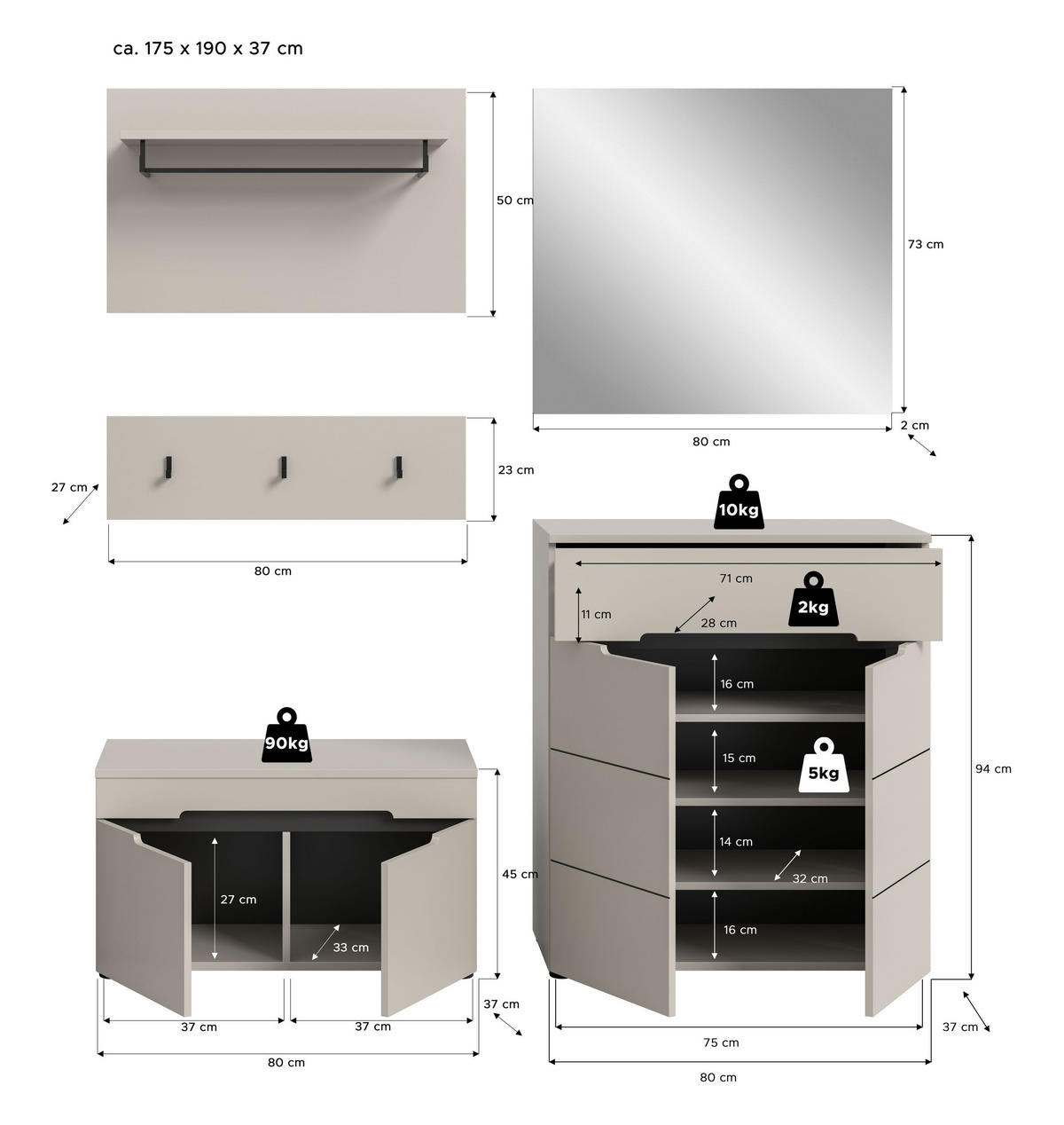 GARDEROBE Nova (B/H/T: ca. 175/190/37 cm) 5 tlg. in Basalt grau/weiß - Kaschmir, Holzwerkstoff (175/190/37cm) - Homes & Jones