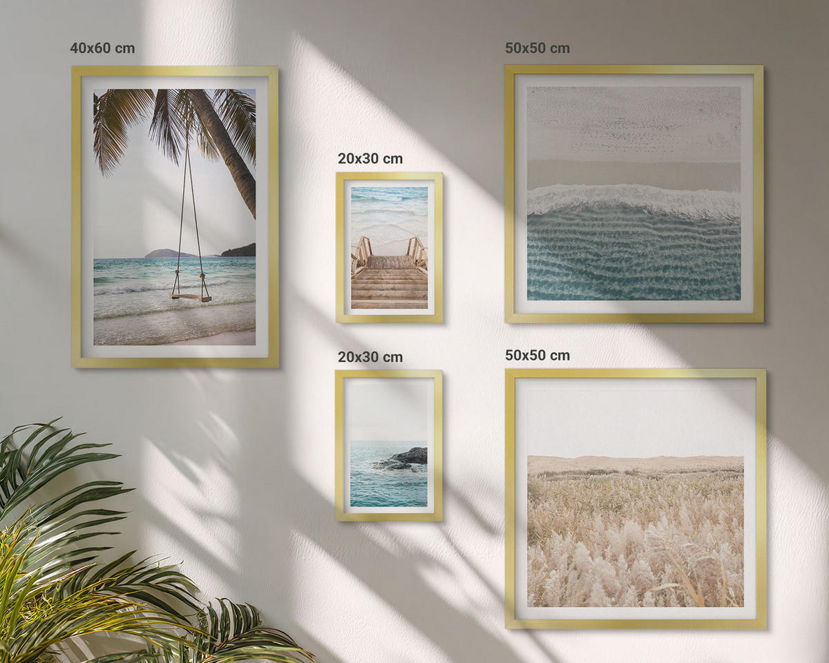 WANDBILDER 5er Set - 50x50 cm & 20x30 cm & 40x60 cm Goldrahmen - Treppe, Strand, Meerblick, Schaukel - Goldfarben, Kunststoff (40/60cm) - ArtPrintCave