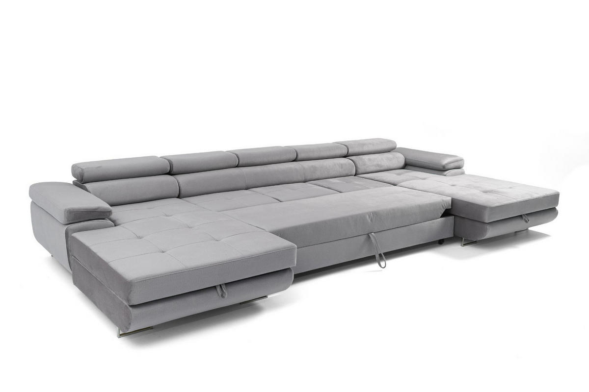 ECKSOFA U-Form ALONZO MAXI U mit Schlaffunktion 125x318 Velours Grau - Silberfarben/Grau, Holz/Textil (400/90/203cm) - Muffo