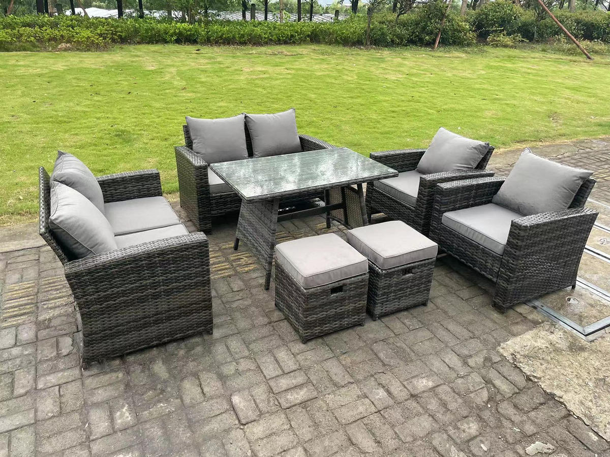 GARTENTISCHGRUPPE Polyrattan 8-Sitzer Grau - Dunkelgrau/Grau, Glas/Kunststoff - Fimous