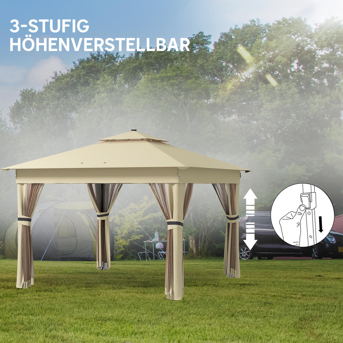 PAVILLON 3,3x3,3m Wasserabweisend Pop-up Faltpavillon mit LED, Doppeldach - Braun, Textil/Metall (336/270/336cm) - Outsunny