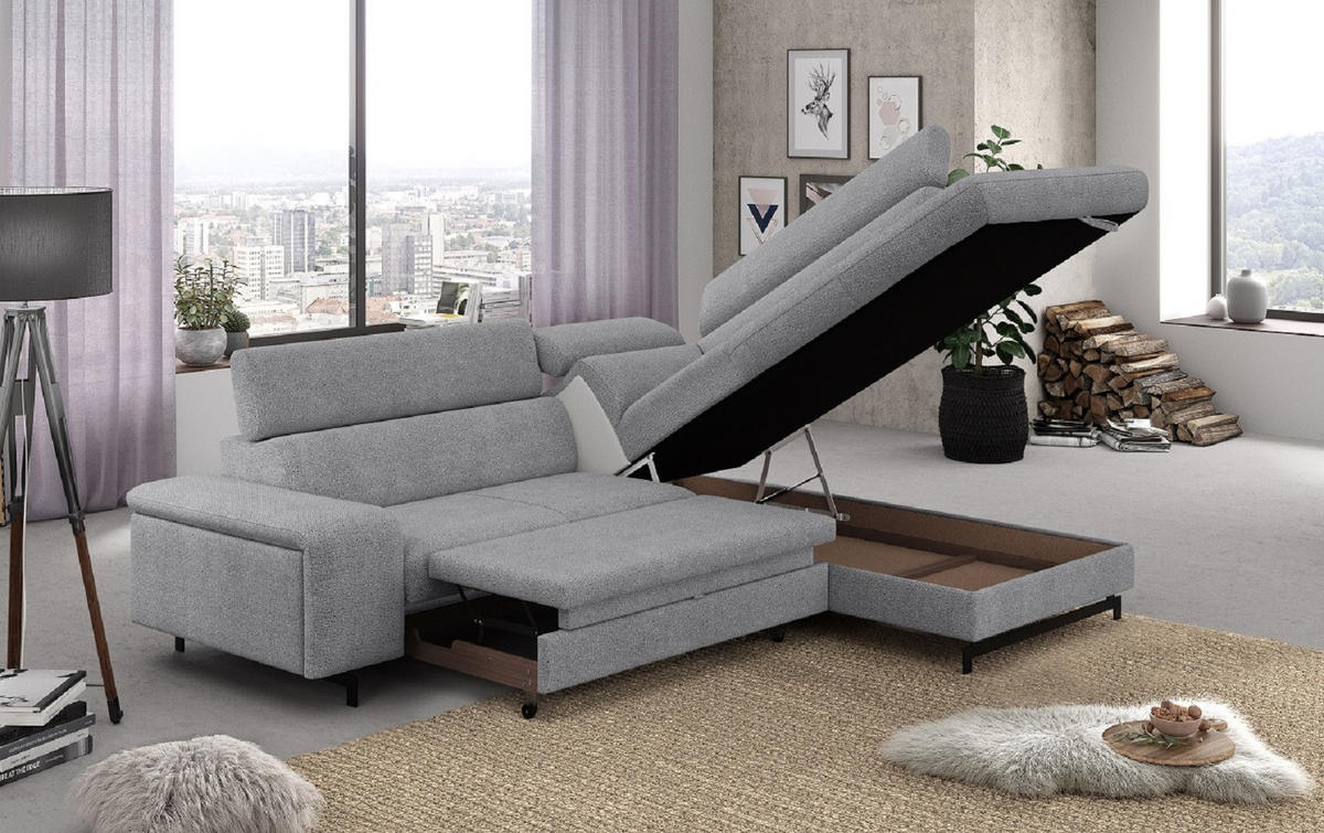 ECKSOFA mit Schlaffunktion und Bettkasten - Silberfarben/Schwarz, Kunststoff/Textil (215/262cm) - Cotta