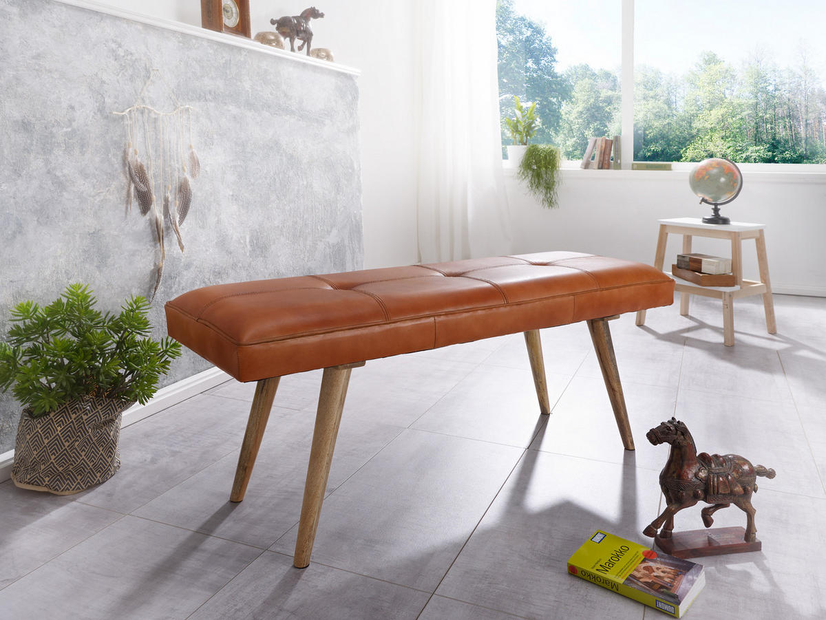 SITZBANK – Ziegenleder/Massivholz, Retro-Stil, 200 kg Belastbarkeit - Braun, Mangoholz/Leder (117/51/38cm) - KADIMA DESIGN