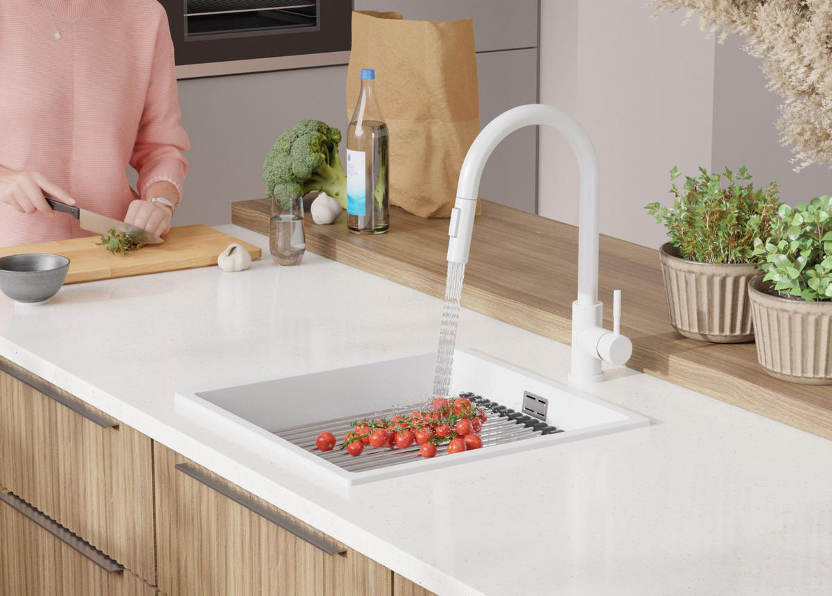 GRANITSPÜLE Praga Slim, 2-er set Weiß 46/47 cm 1 Becken + Küchenarmatur 40/20 cm + Ablauf-Set + Aufrollbare Abtropffläche ab 50er Unterschrank - Chromfarben/Weiß, Kunststoff (46/20/47cm) - Primagran