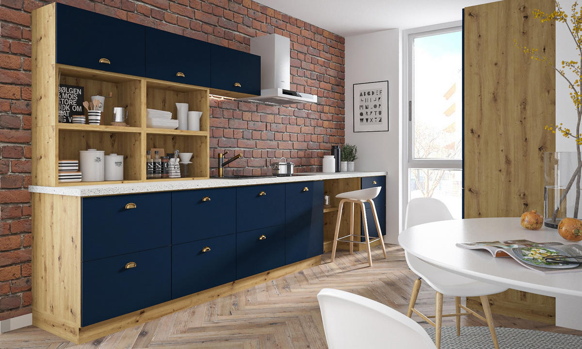 KÜCHENLEERBLOCK Bonn eiche artisan matt / marineblau matt 16-teilig - Blau/Braun, Holzwerkstoff/Metall (300/207/59cm) - Feldmann-Wohnen
