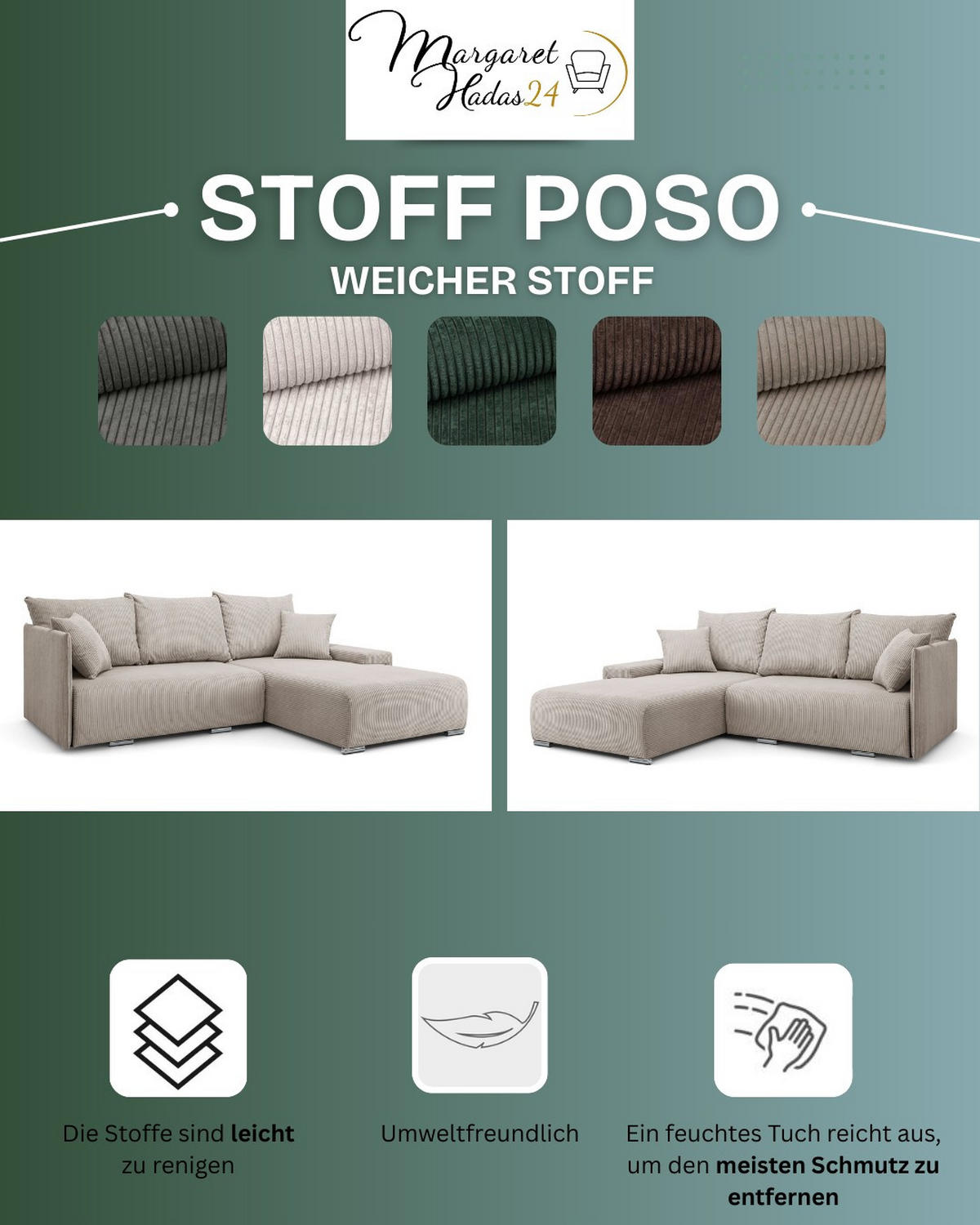 ECKSOFA Lauren L- Form 246 x 188 cm, 4 Sitzer, Bettzeugablage, Sofa, Eckcouch, Cord, linke Seite, grün - Grün, Kunststoff (188/246cm) - Margaret Hadas24