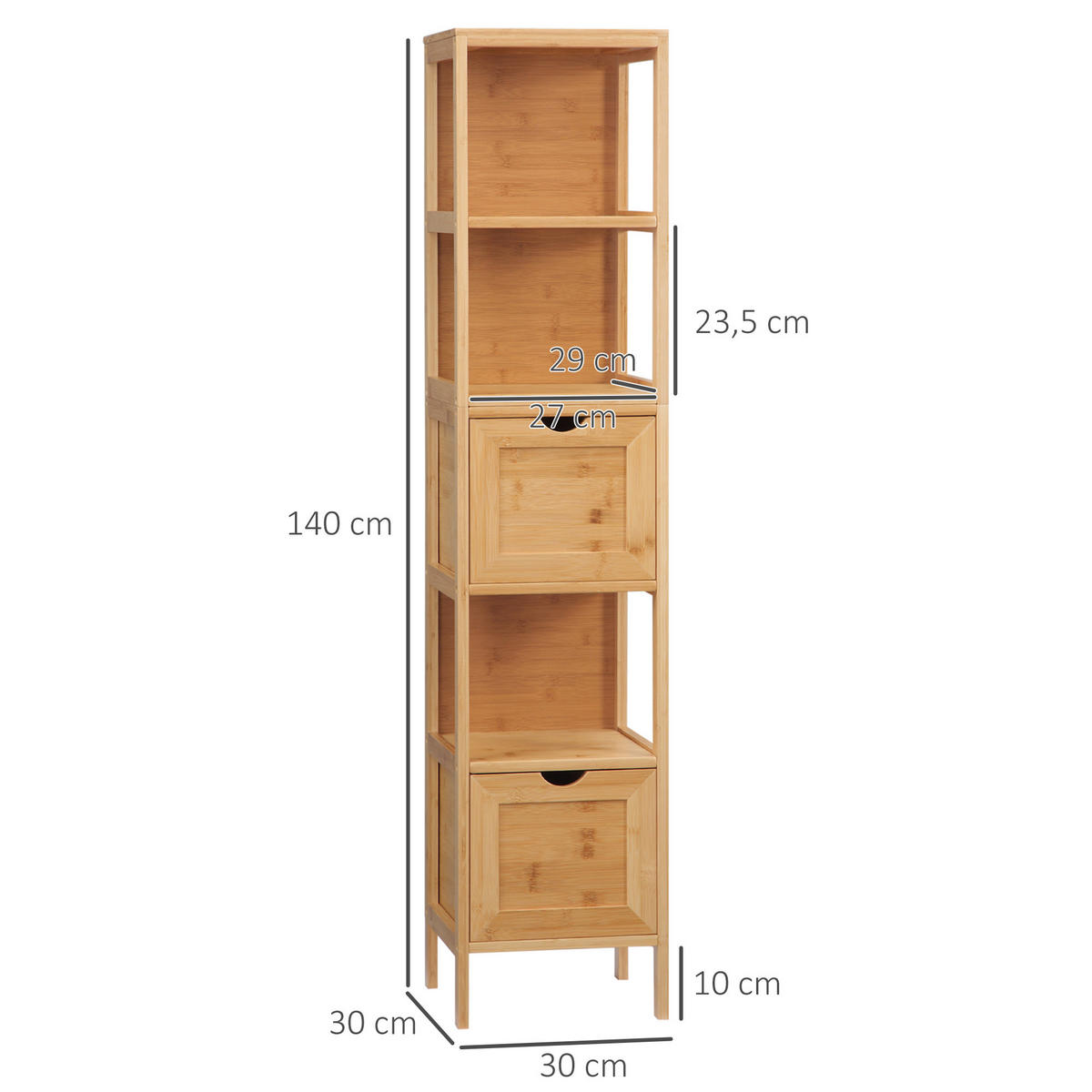 BADSCHRANK mit Kippschutz aus Bambus, 2 Schubladen, Lanfhausstil, Naturholz - Naturfarben, Holz (30/140/30cm) - Kleankin
