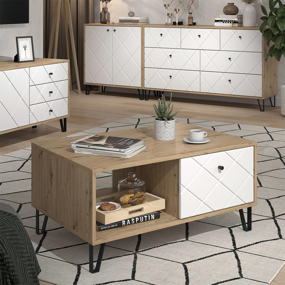 COUCHTISCH Nizza Artisan/Weiß 90.2 x 59.4 cm mit offenem Fach & Schublade - Eiche Artisan/Weiß, Holzwerkstoff (59.4/90.2/42.4cm) - Vicco