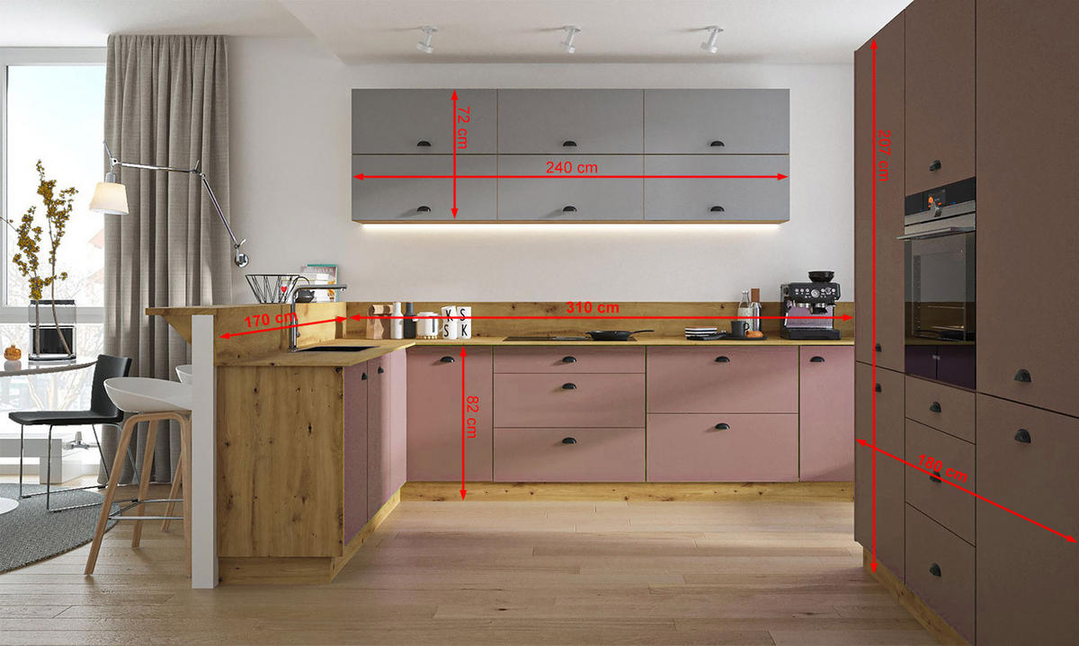 WINKELKÜCHE & KÜCHENBLOCK Bonn eiche artisan matt / rosé kupfer matt & dust grey matt 15-teilig - Rosa/Grau, Holzwerkstoff/Metall (310/207/170cm) - Feldmann-Wohnen
