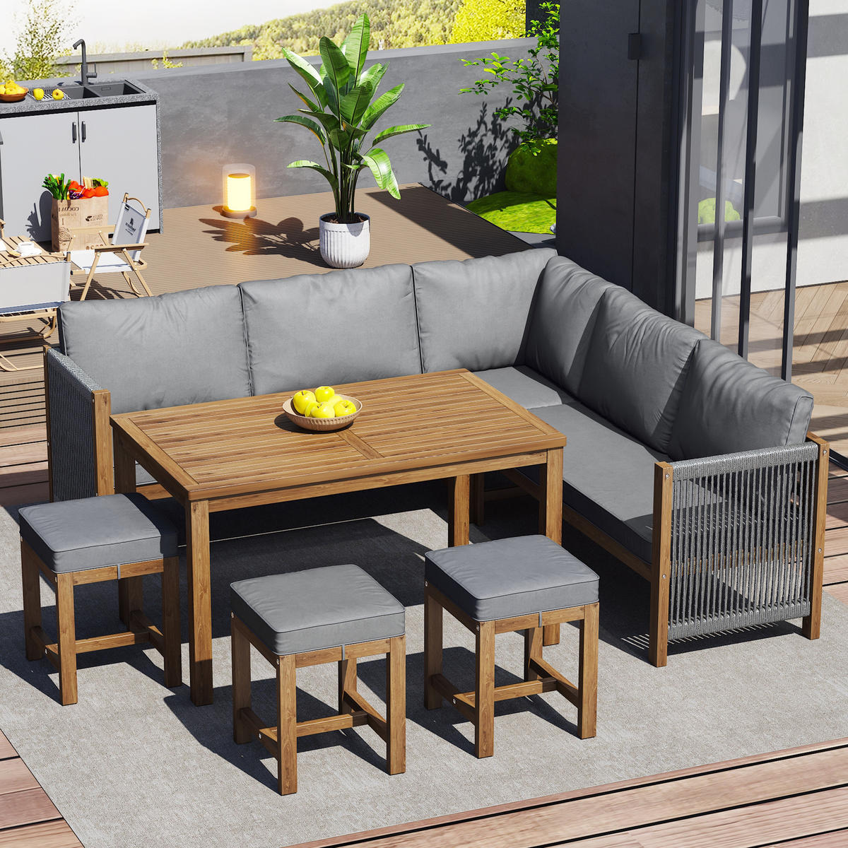 LOUNGESET 7-8 Personen Grau+Natur Mit Sofa Hocker Tisch - Naturfarben, Textil - FLIEKS