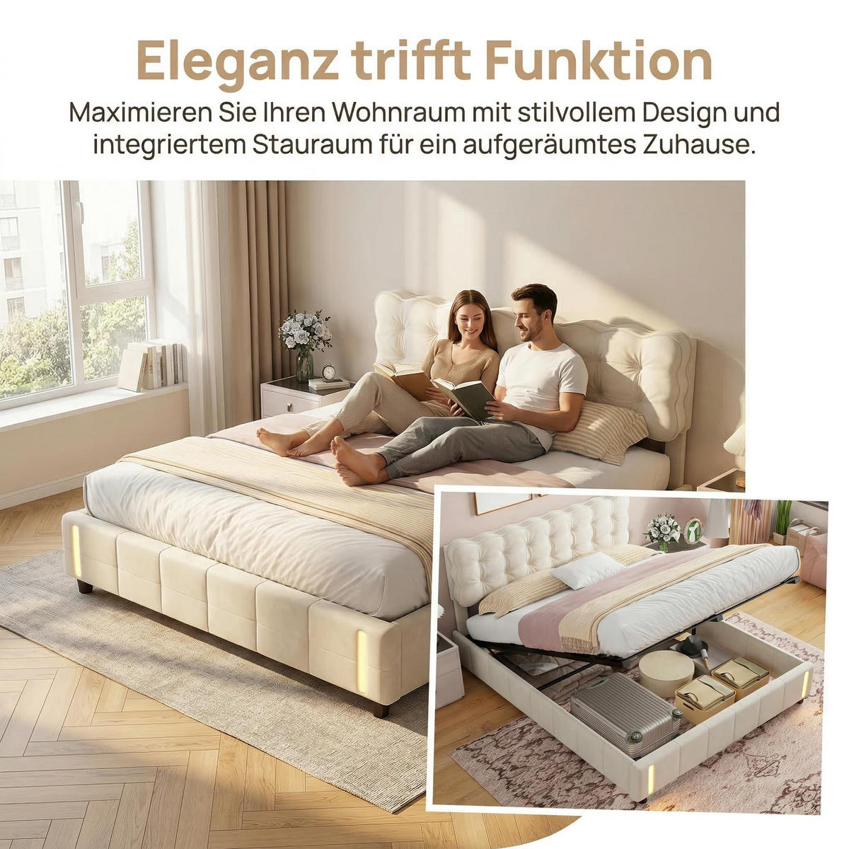 POLSTERBETT 160/200 cm mit LED,Doppelbett Bettgestell modern Samt Beige - Beige, Holz (160/200cm) - PARAFTA HOME