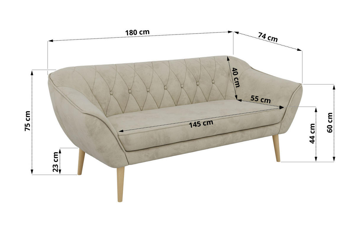 TŘÍMÍSTNÁ POHOVKA PIRS 3 - Béžová Samet - Dřevěné nohy - barva buku/béžová, kompozitní dřevo/textil (180/75/74cm) - MKS