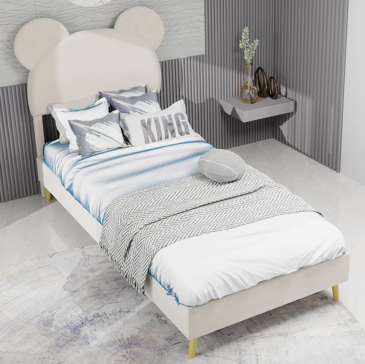 KINDERBETT 90/200 cm beige aus Stoff und Metall mit Stauraum - Beige, Textil (90/200cm) - OKWISH