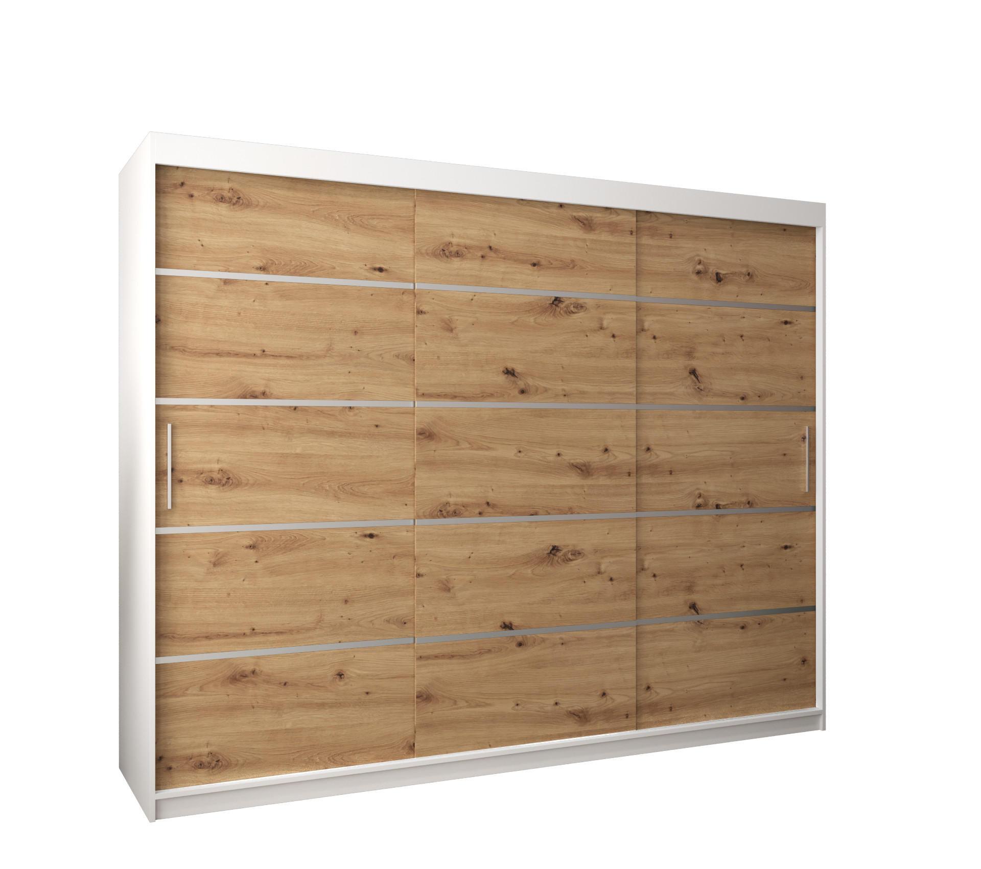 Abiks Möbel Schwebetürenschrank Weiß, Eiche Artisan, Silber 250x200x62 cm