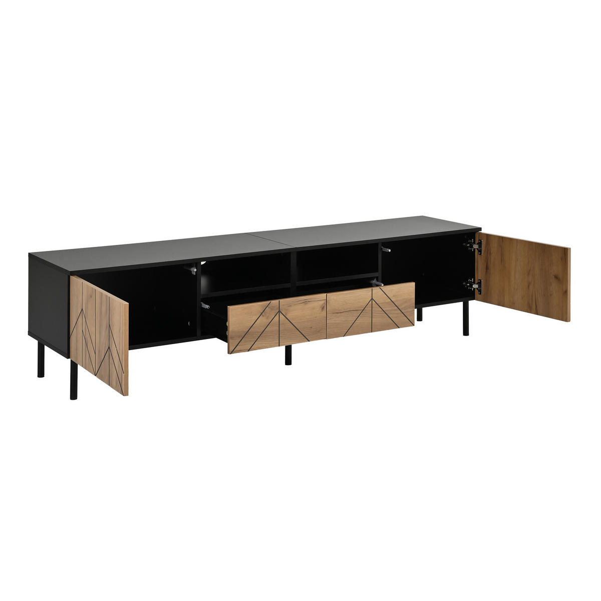 TV-SCHRANK 180/40/45 cm Naturholz mit 2 Schubladen und 2 Türen - Schwarz, Holzwerkstoff (180/45/40cm) - Oxeza