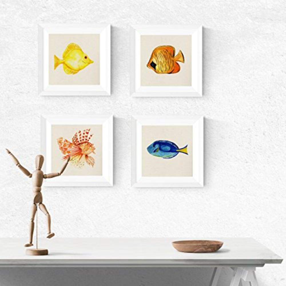 POSTER Set mit 4 Aquarell tropischen Fischen und Meeresleben 15x15 cm Schwarzer Rahmen - Schwarz, Papier (15/3cm) - Nacnic