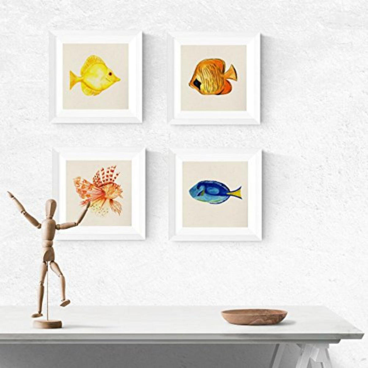 POSTER Set mit 4 Aquarell tropischen Fischen und Meeresleben 15x15 cm Schwarzer Rahmen - Schwarz, Papier (15/3cm) - Nacnic