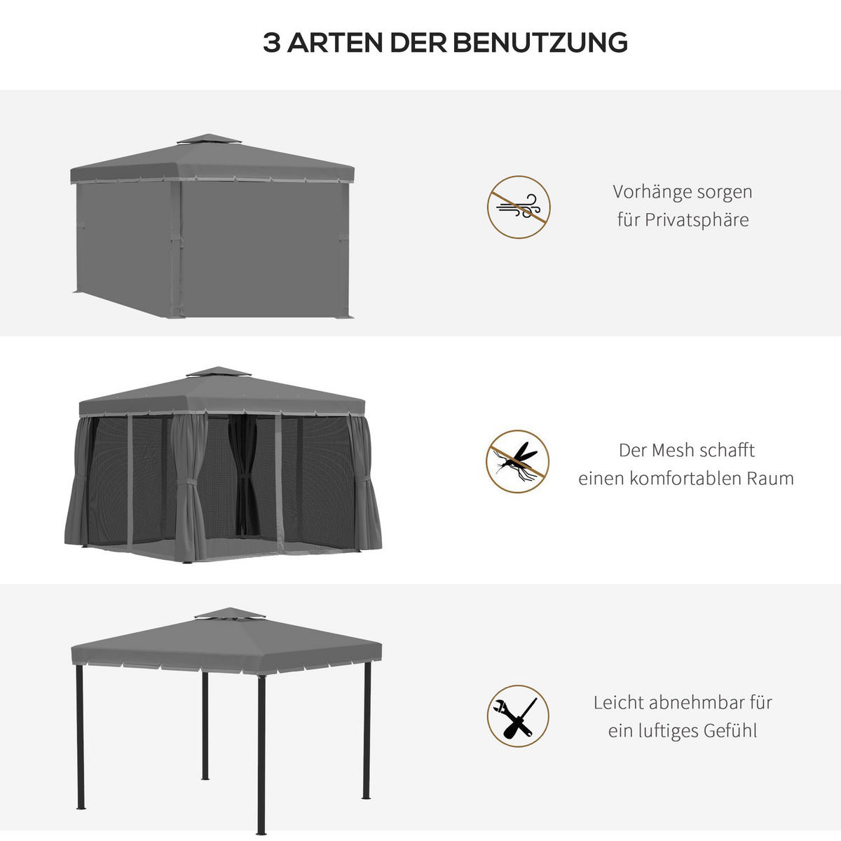 PAVILLON, Dunkelgrau, Aluminium, Metall, Polyester - Dunkelgrau, Metall (2.96/2.65/2.96cm) - Outsunny