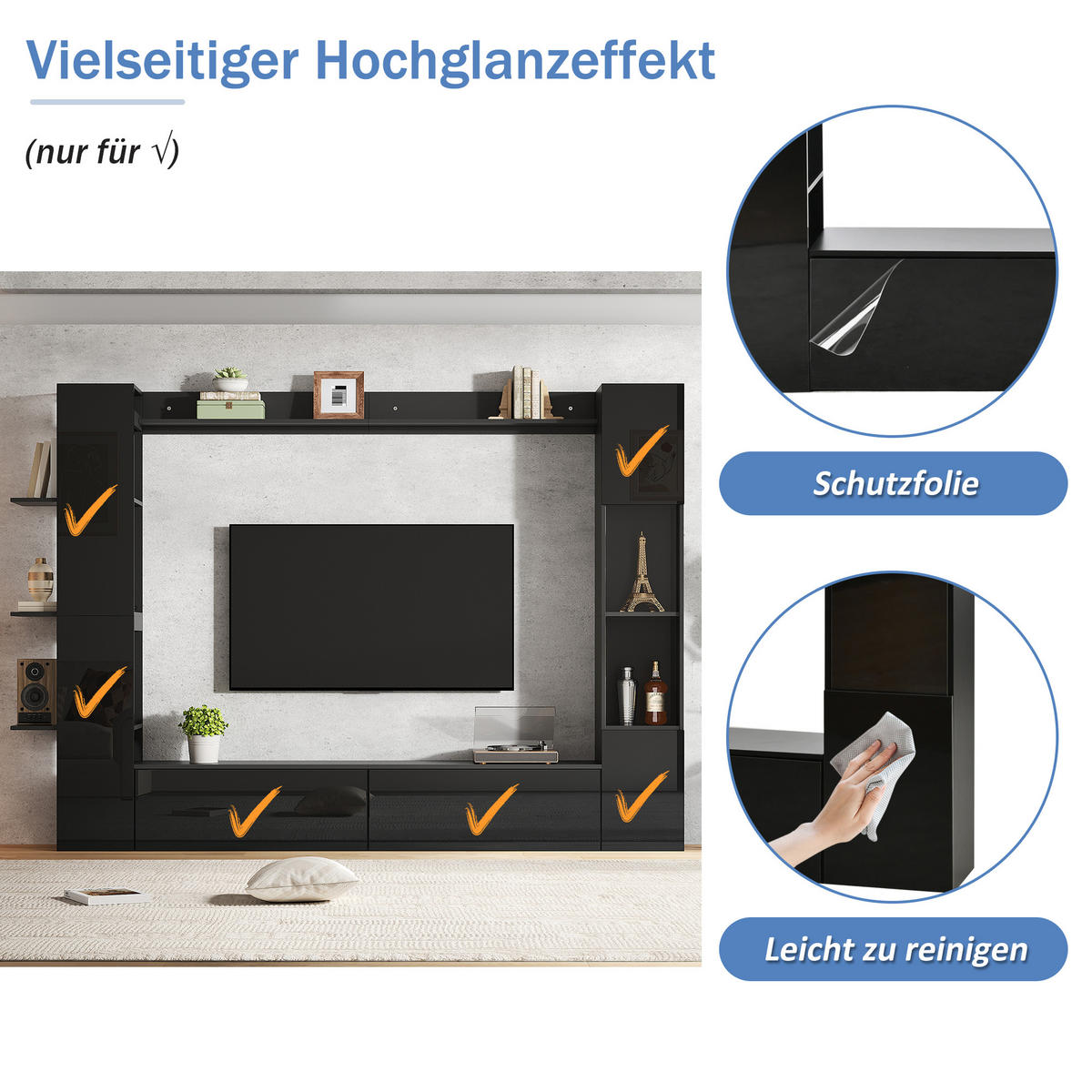TV-ELEMENT 245/30/170 cm Schwarz mit Türanschlag wechselbar und Stauraum (4 Stück) - Schwarz, Holz (245/170/30cm) - Oxeza