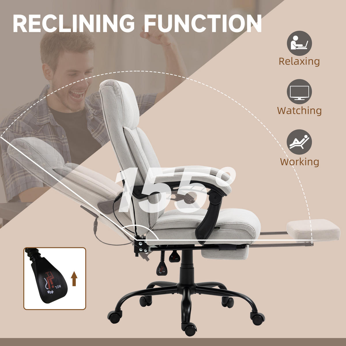 MASSAGE-BÜROSTUHL, 111-119cm Schreibtischstuhl mit Heizfunktion - Hellgrau, Kunststoff (74/119/65cm) - Vinsetto