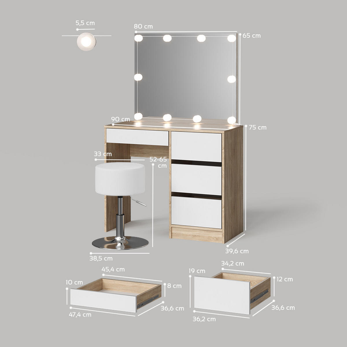 SCHMINKTISCH Imola Sonoma mit LED Beleuchtung und Hocker - Weiß/Sonoma Eiche, Holzwerkstoff (90/75/40cm) - Livinity®