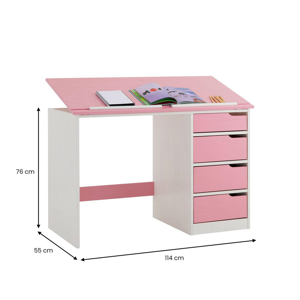 KINDERSCHREIBTISCH EMMA - Weiß/Rosa, Holz (114/76/55cm) - IDIMEX