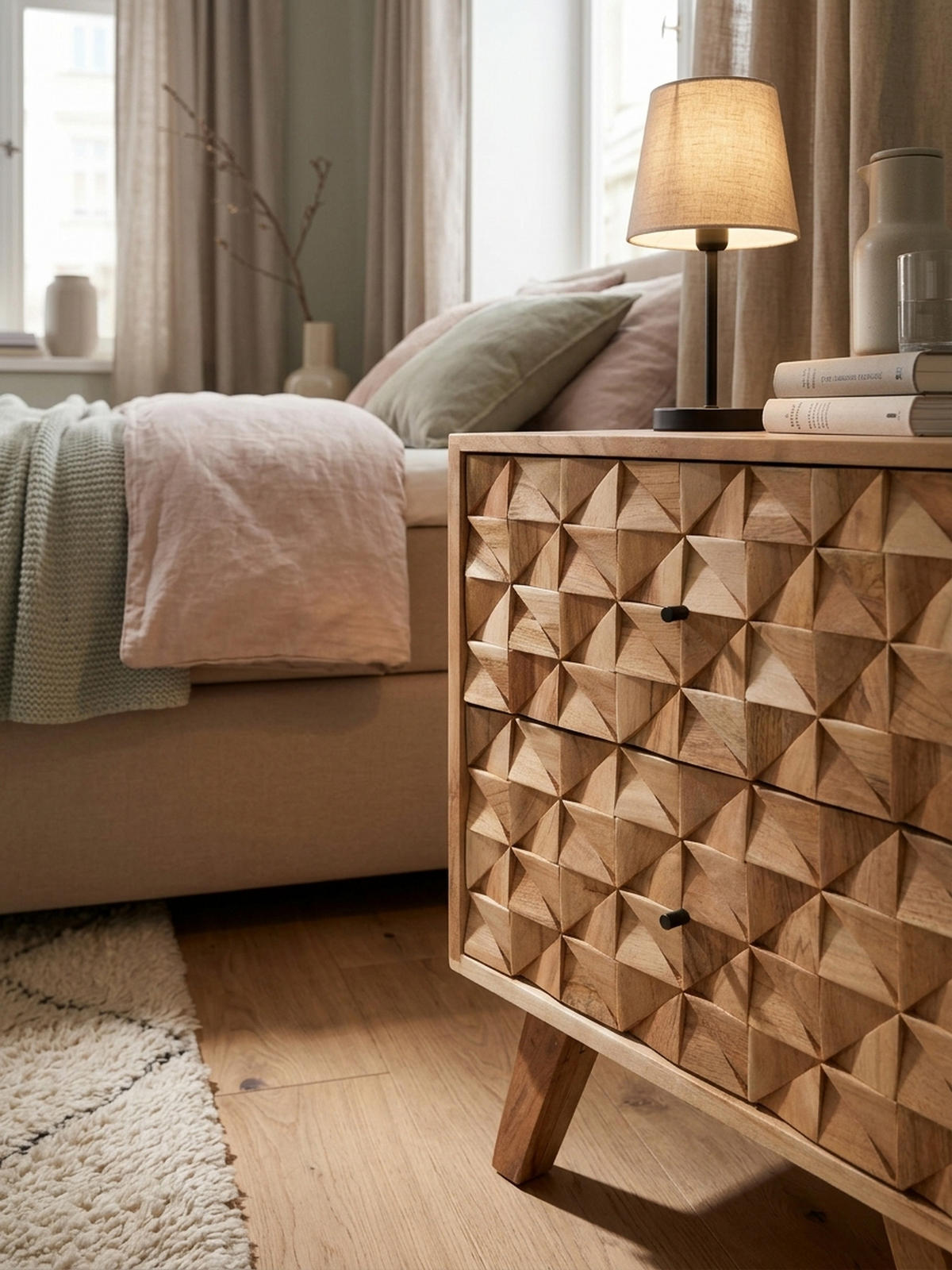 NACHTTISCH – Massivholz, 2 Schubladen, handgefertigt, moderner Landhausstil - Beige, Holz/Metall (44/61/35cm) - KADIMA DESIGN