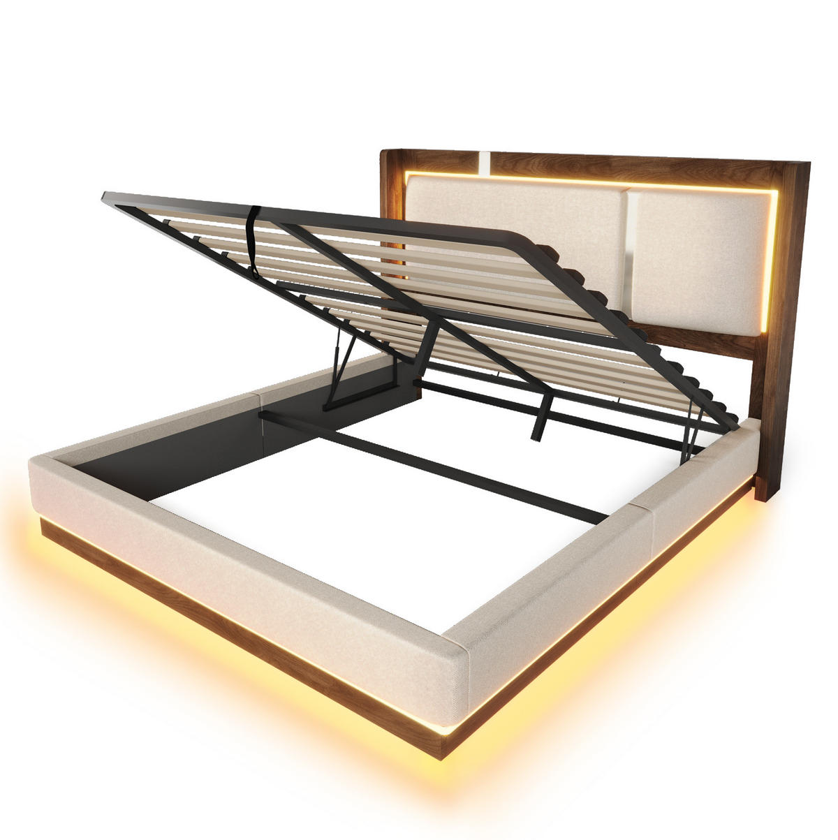 POLSTERBETT 140/200 cm aus Leinen und Holz mit LED und Bettkasten Beige - Beige, Textil (140/200cm) - Modenvie