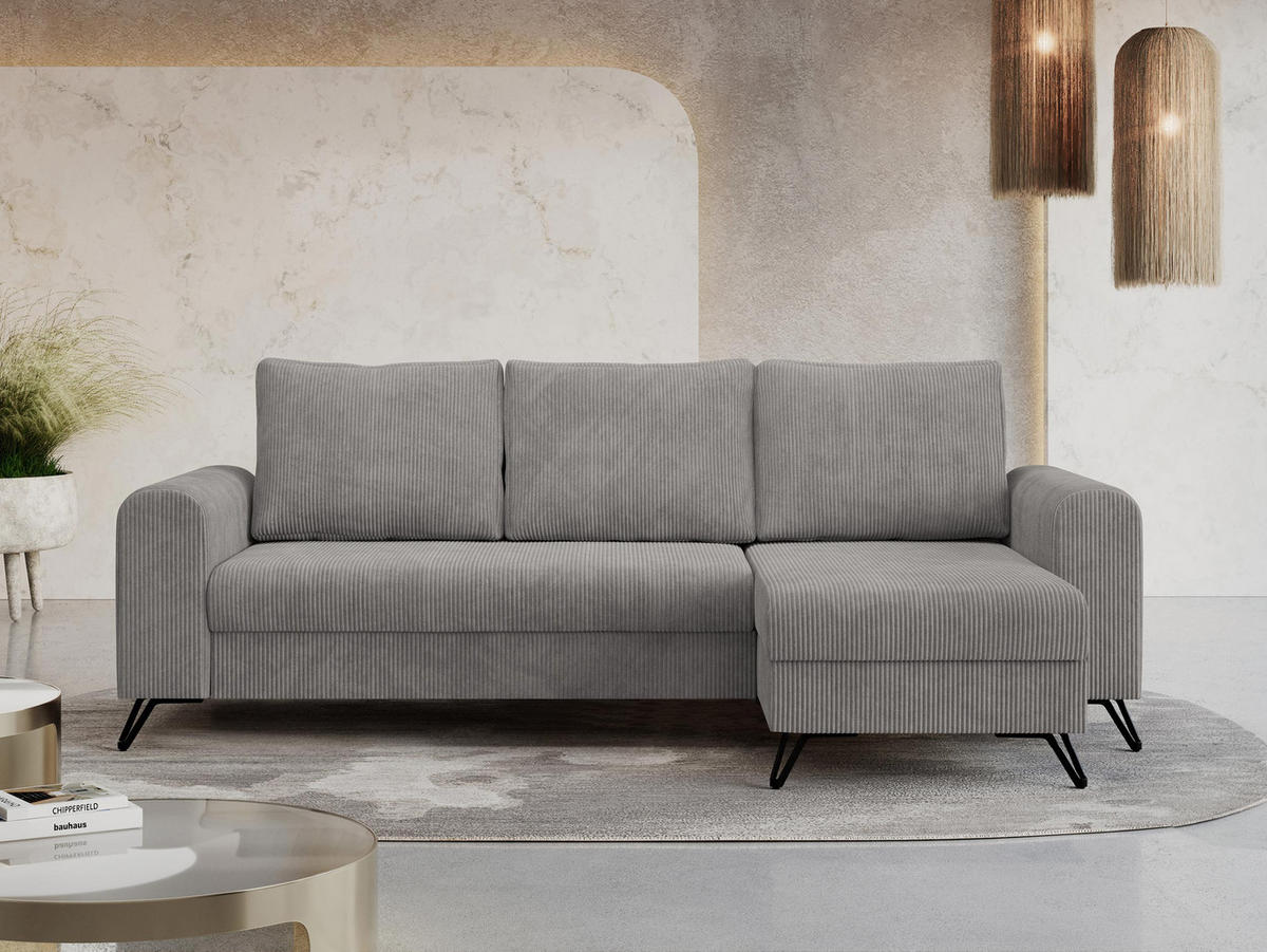 ECKSOFA Hugo Cord Hellgrau - Hellgrau/Schwarz, Textil/Metall (242/140cm) - MKS