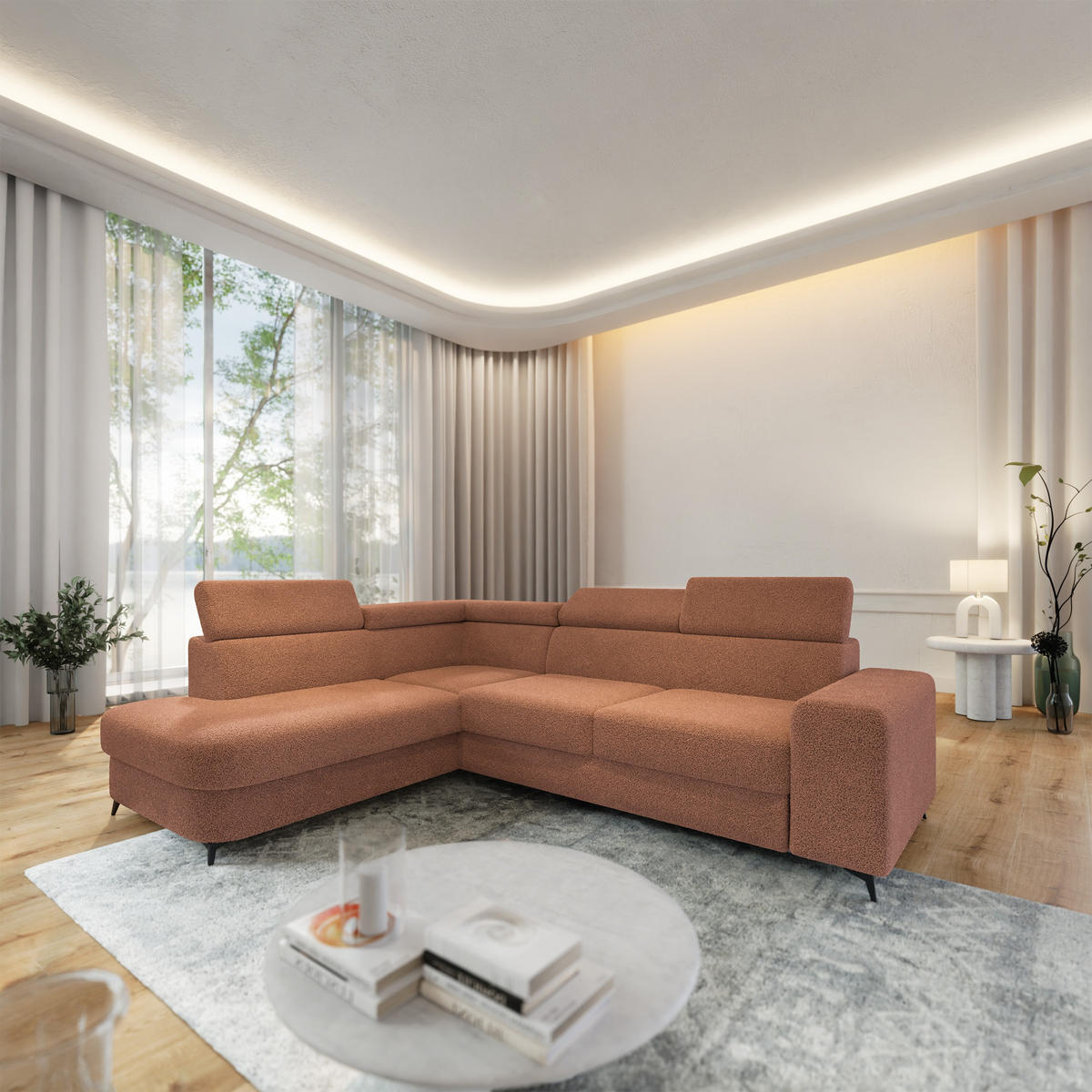 ECKSOFA ALVORO L-S Kupferfarben Boucle-Stoff mit Schlaffunktion - Kupferfarben, Holz (253/190cm) - MASSENO