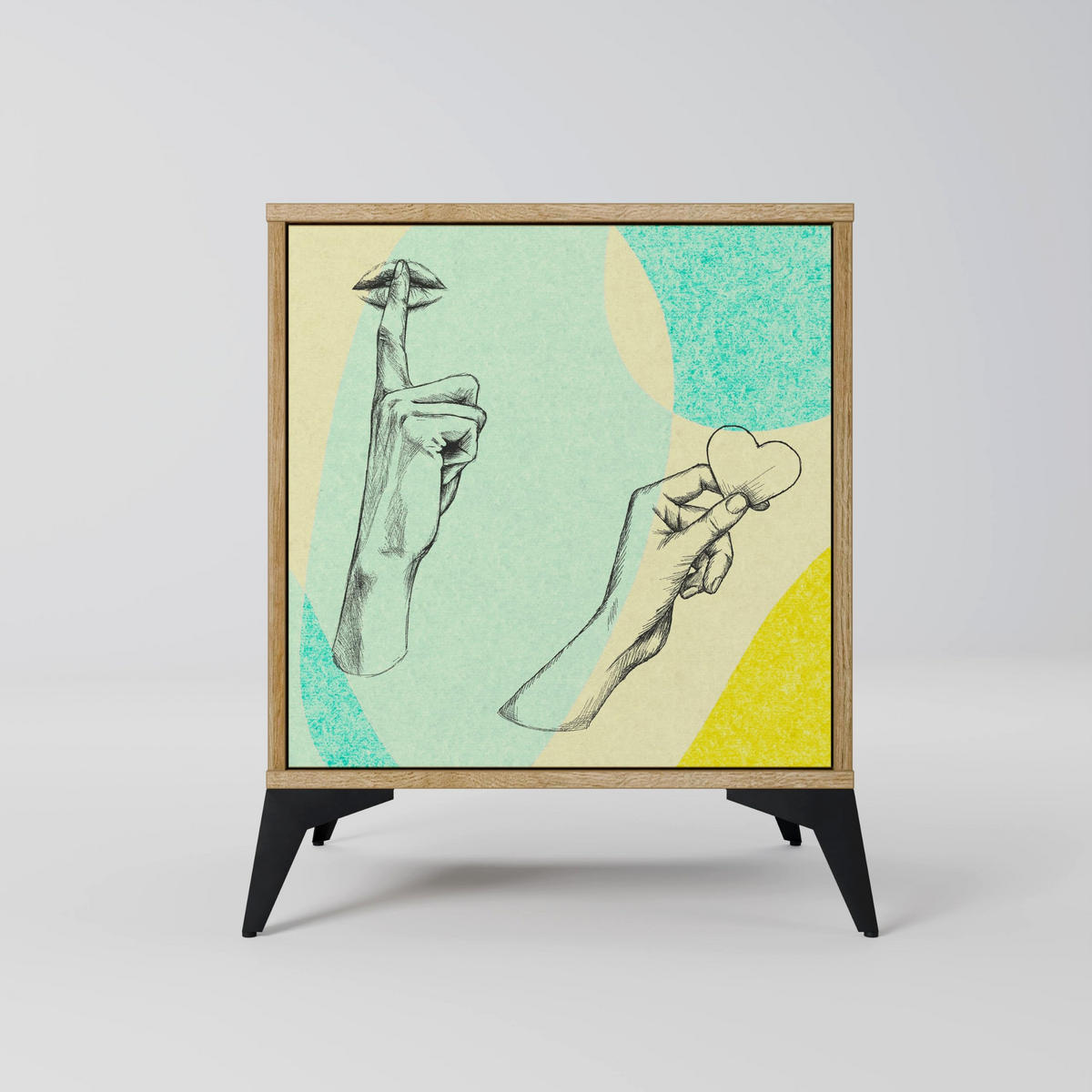 SIDEBOARD BODY LANGUAGE, Eichefarben, 57,5x42x77,5 cm, Schräge Buchenholzfüße - Eichefarben/Buchefarben, Holzwerkstoff/Buchenholz (57.5/77.5/42cm) - SpaceRebels