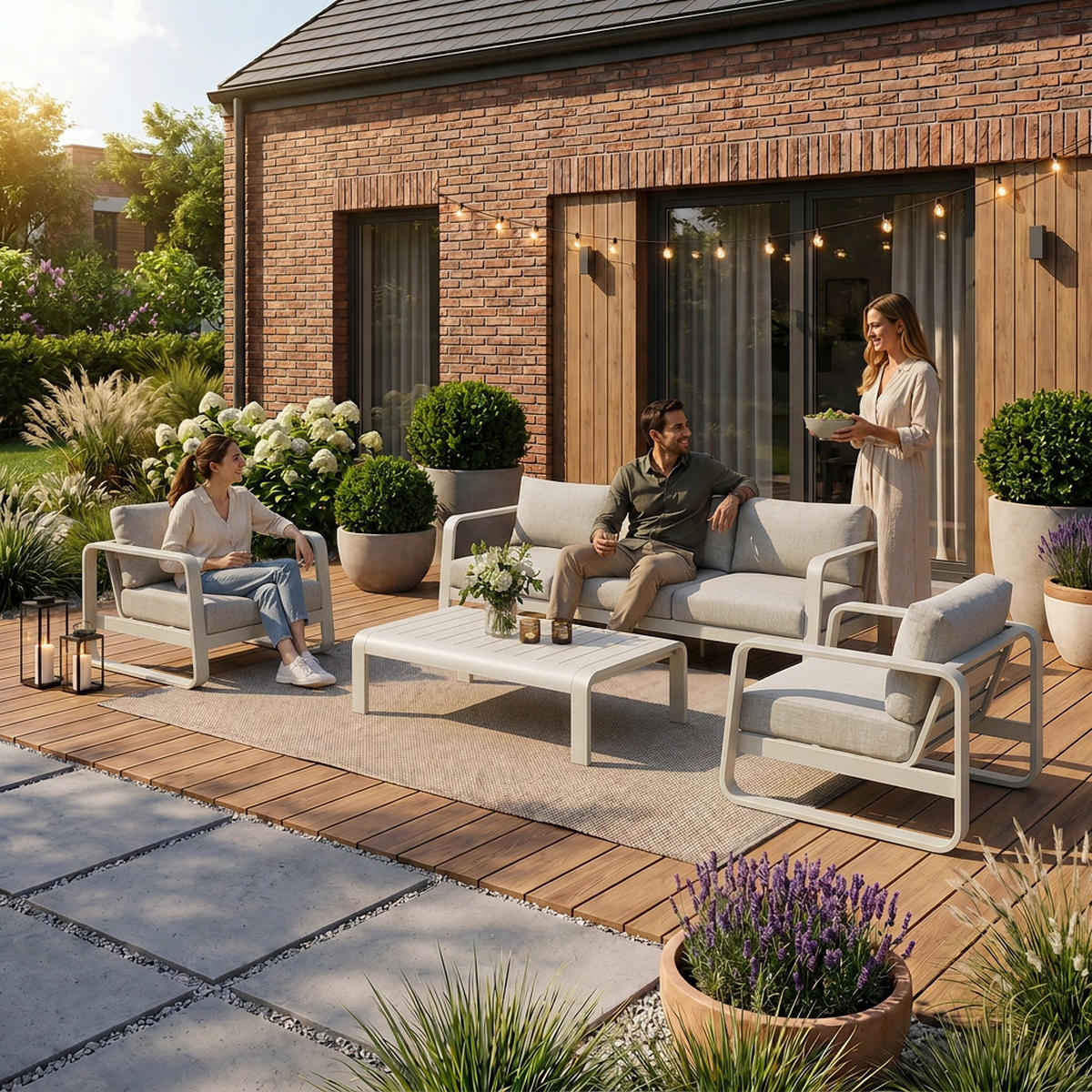 GARTENSET Selene mit Sofas Sessel und Kaffeetisch, für 5 Personen, Metallbeine, Beige - Beige, Metall - Beautysofa